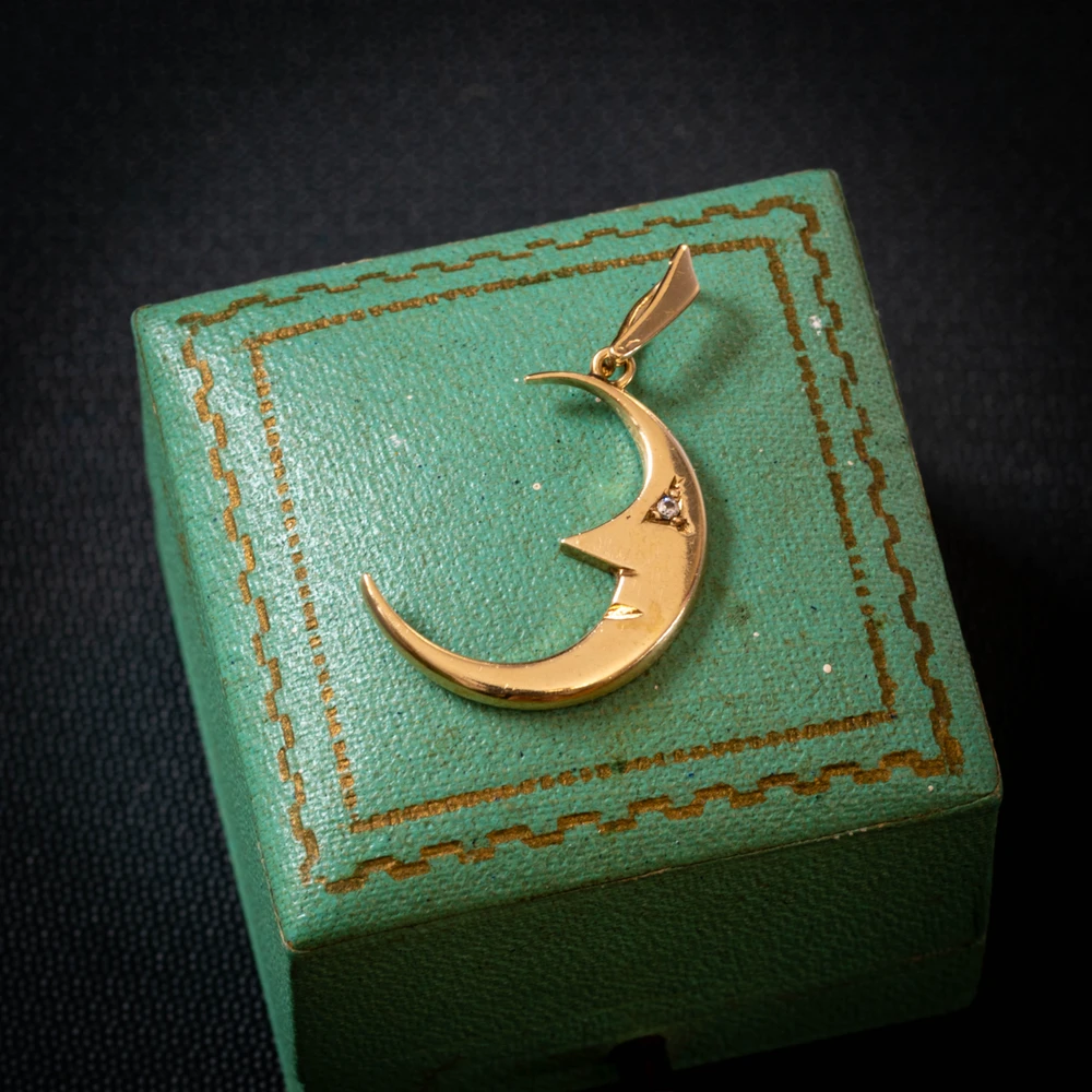 Vintage 9ct Gold Moon Pendant with White Sapphire Eye, Circa 1980s.