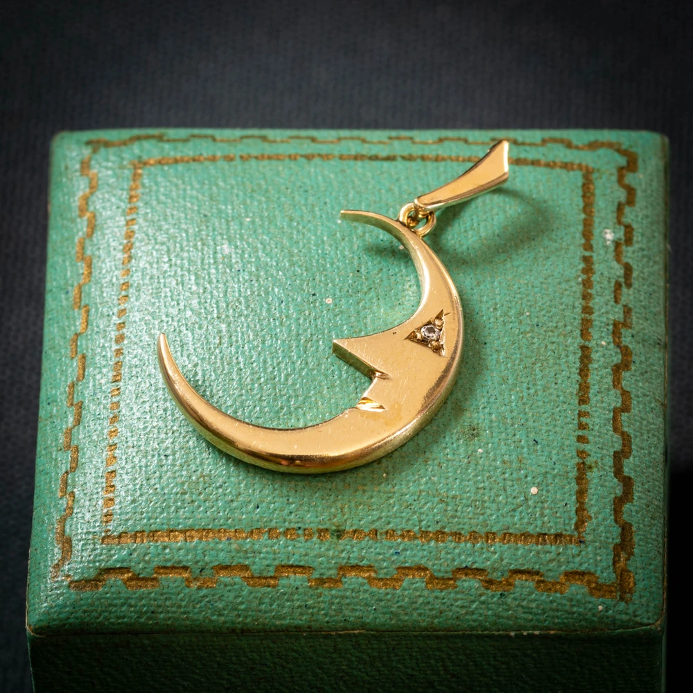 Vintage 9ct Gold Moon Pendant with White Sapphire Eye, Circa 1980s.