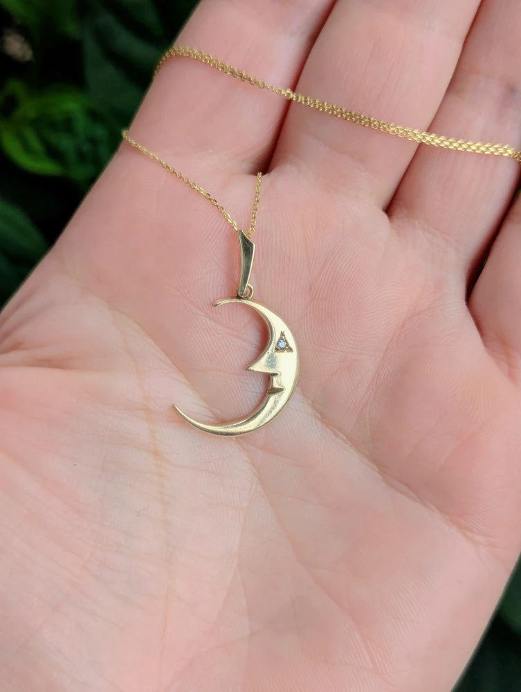 Vintage 9ct Gold Moon Pendant with White Sapphire Eye, Circa 1980s.