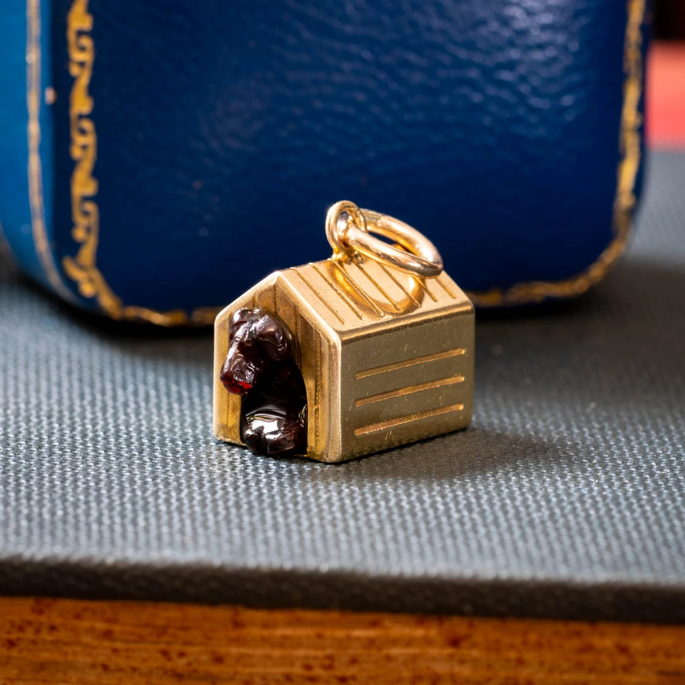 Vintage 9ct Gold Dog Charm Pendant, Dog in House with Ball Circa 1940s.