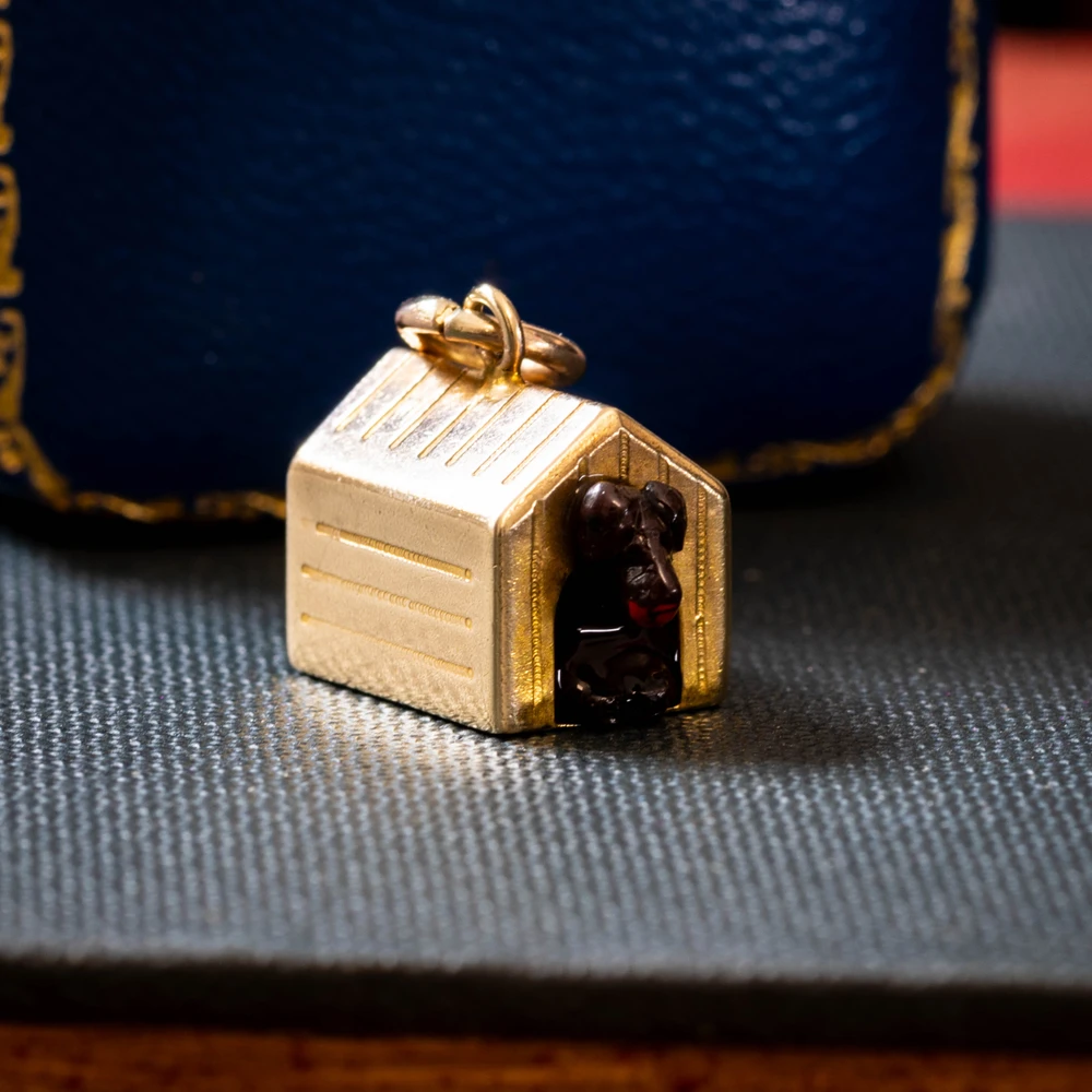 Vintage 9ct Gold Dog Charm Pendant, Dog in House with Ball Circa 1940s.
