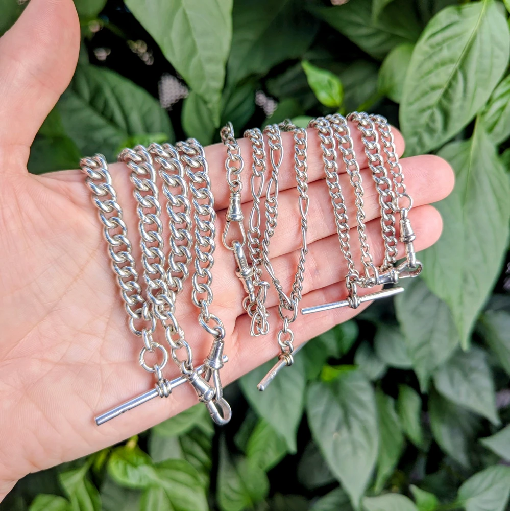Heavy Antique Sterling Silver Graduated Curb Link Double Albert Chain Necklace 15.75 inches.