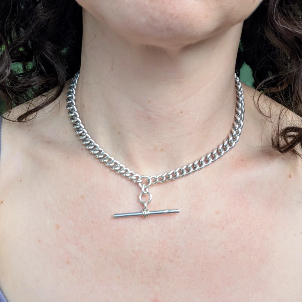 Heavy Antique Sterling Silver Graduated Curb Link Double Albert Chain Necklace 15.75 inches.