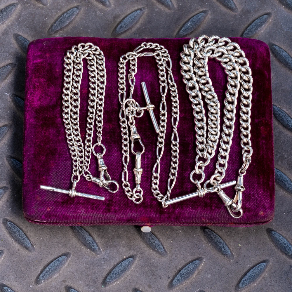 Antique 1920s Sterling Silver Graduated Curb Link Double Albert Chain Necklace 36cm.