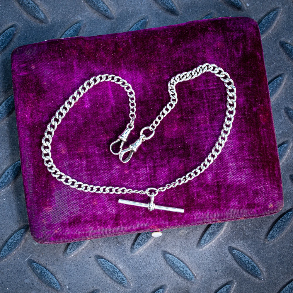 Antique 1920s Sterling Silver Graduated Curb Link Double Albert Chain Necklace 36cm.