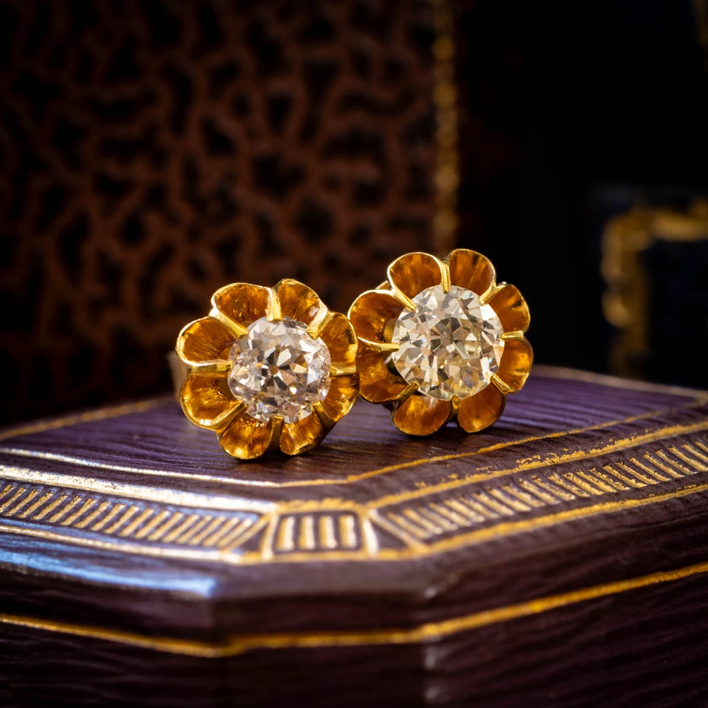 Old Mine Cut Diamond Stud Earrings, 0.80ctw in 12ct Yellow Gold with Report.