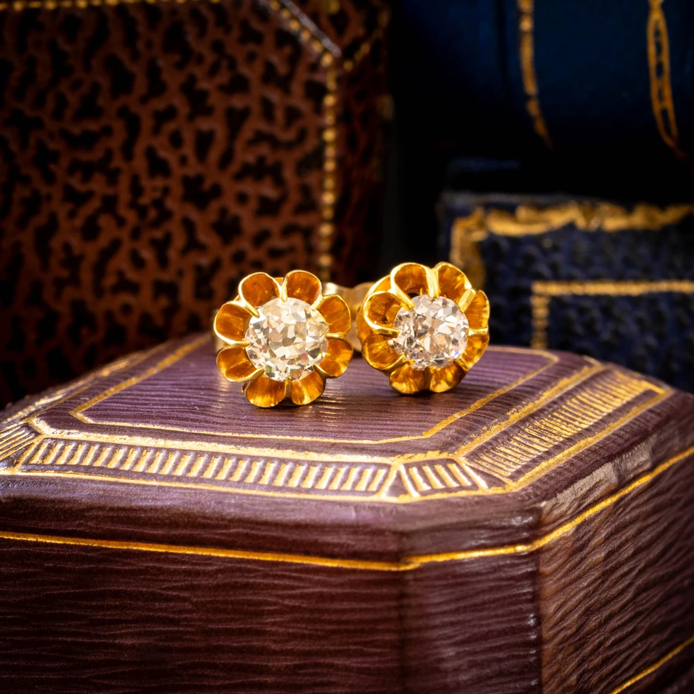 Old Mine Cut Diamond Stud Earrings, 0.80ctw in 12ct Yellow Gold with Report.