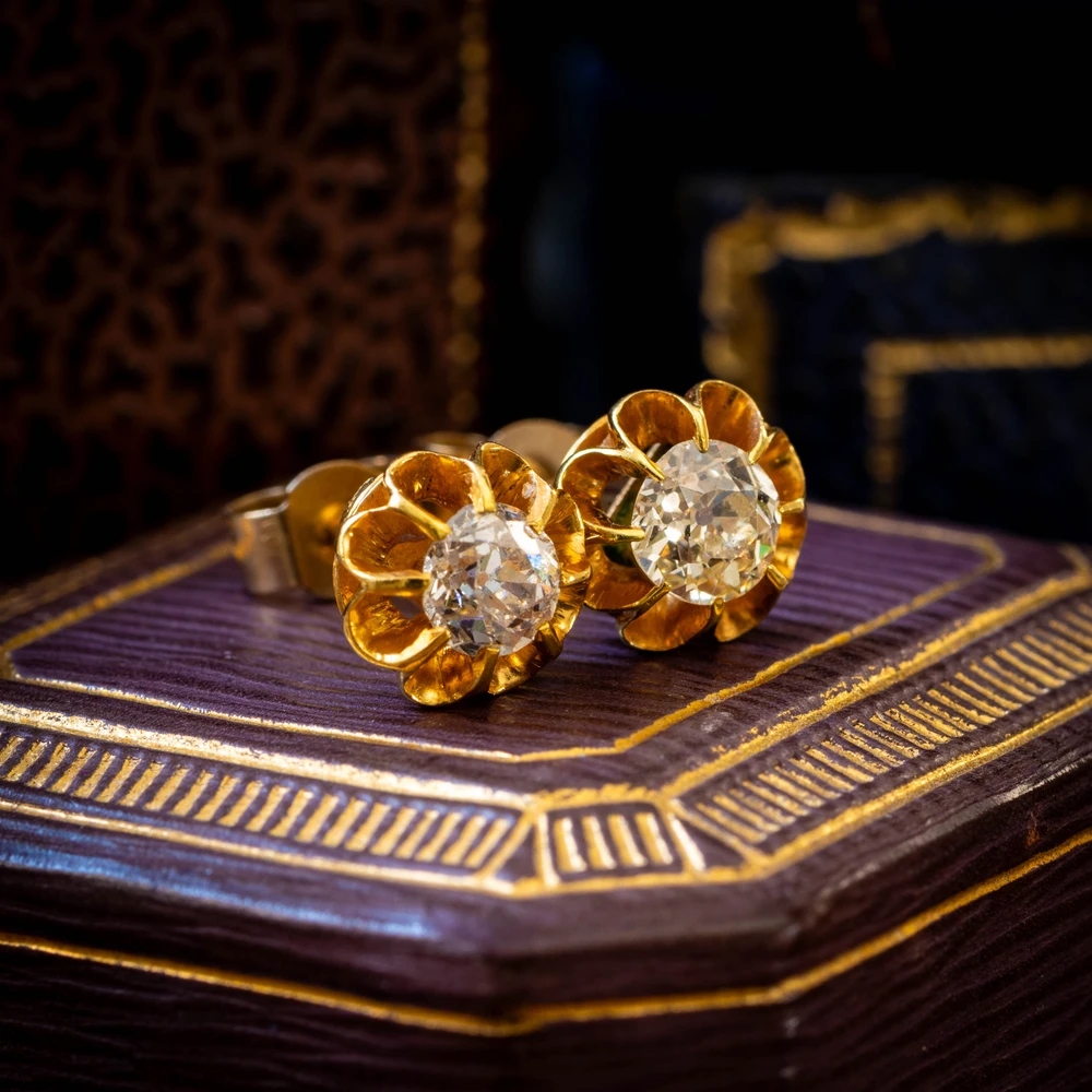 Old Mine Cut Diamond Stud Earrings, 0.80ctw in 12ct Yellow Gold with Report.