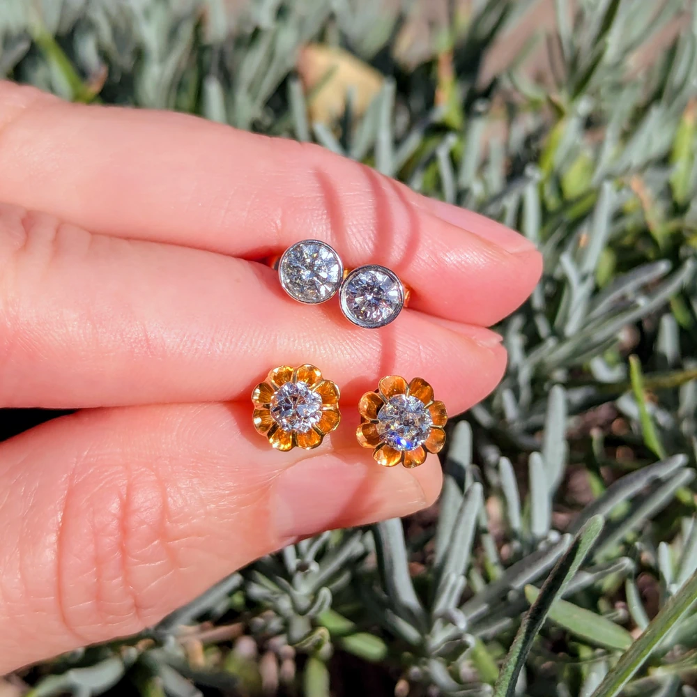 Old Mine Cut Diamond Stud Earrings, 0.80ctw in 12ct Yellow Gold with Report.