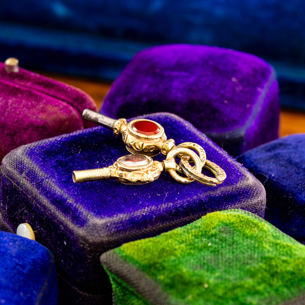 Set of 2 Gilt Metal Gemstone Set Antique Watch Keys on Split Ring.