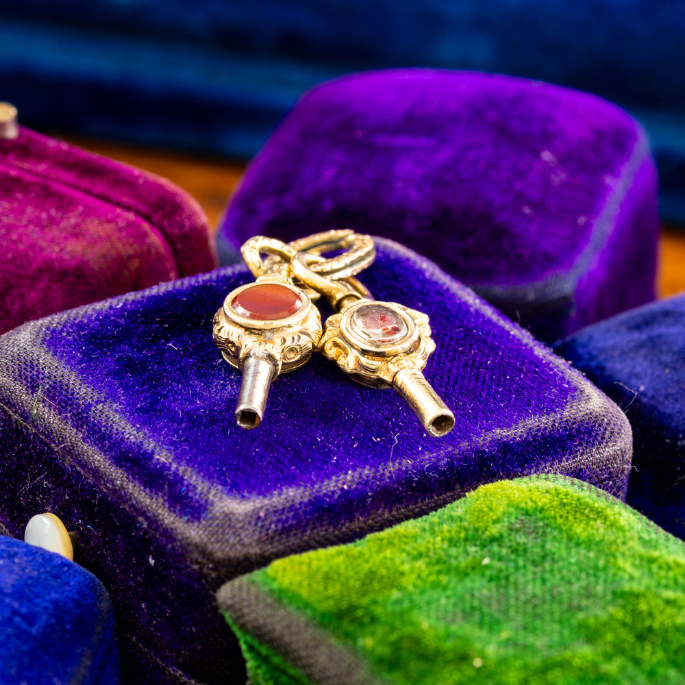 Set of 2 Gilt Metal Gemstone Set Antique Watch Keys on Split Ring.