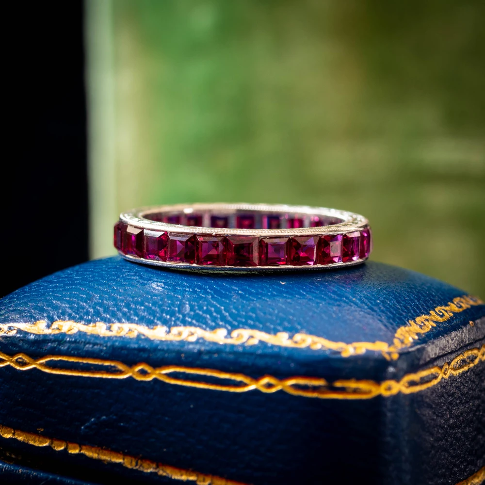Vintage Ruby Channel Set Platinum Eternity Ring, Full Hoop Band. Size L / 5.75.