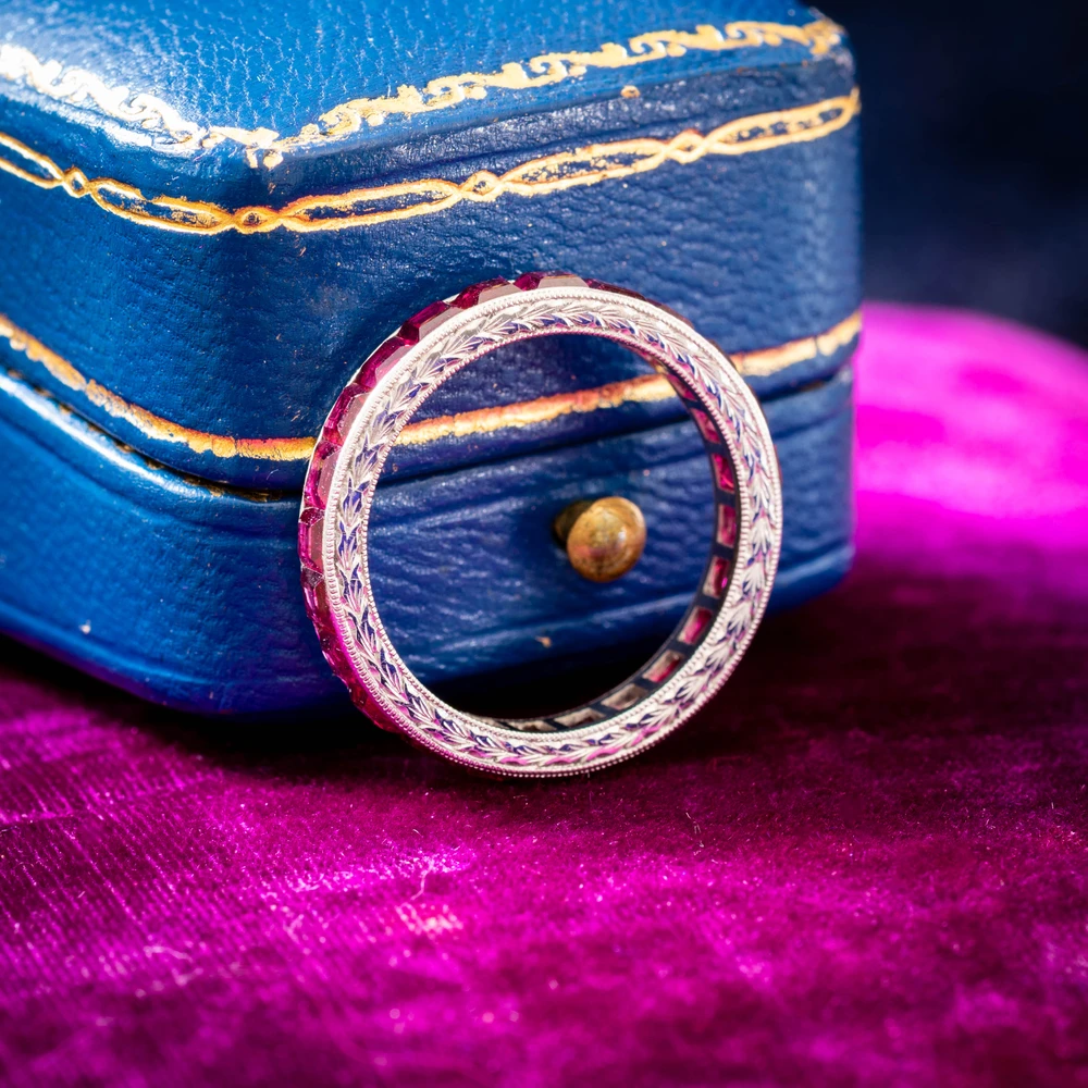 Vintage Ruby Channel Set Platinum Eternity Ring, Full Hoop Band. Size L / 5.75.