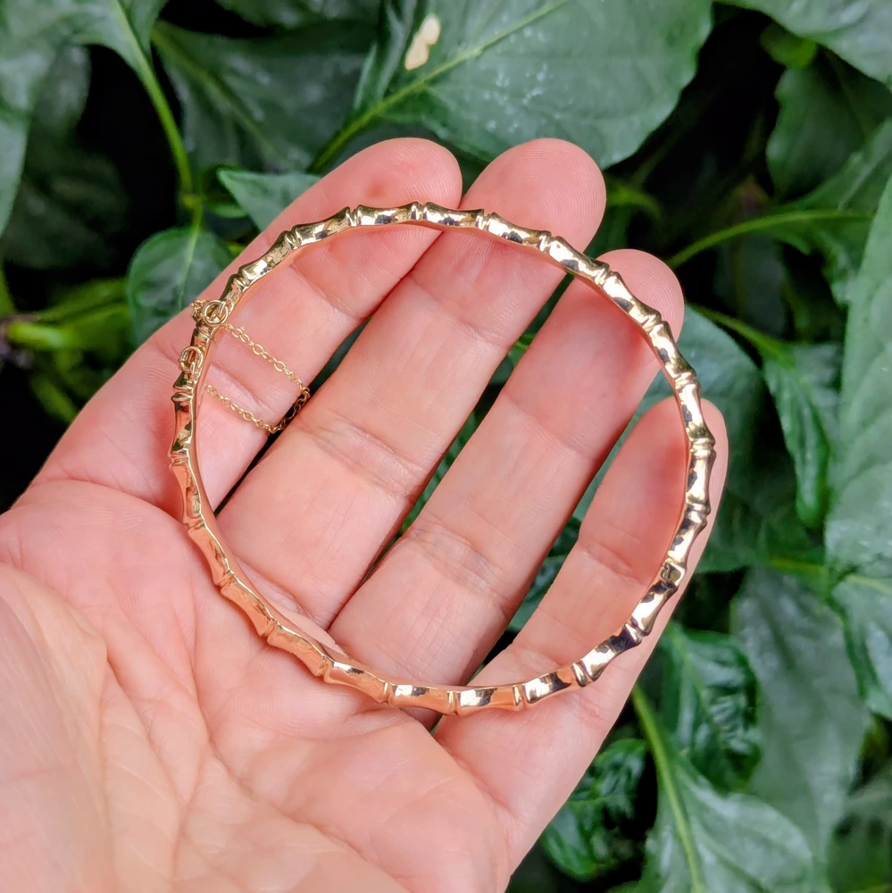 Vintage 9 Carat Yellow Gold Bamboo Bangle Bracelet, Mid Century.
