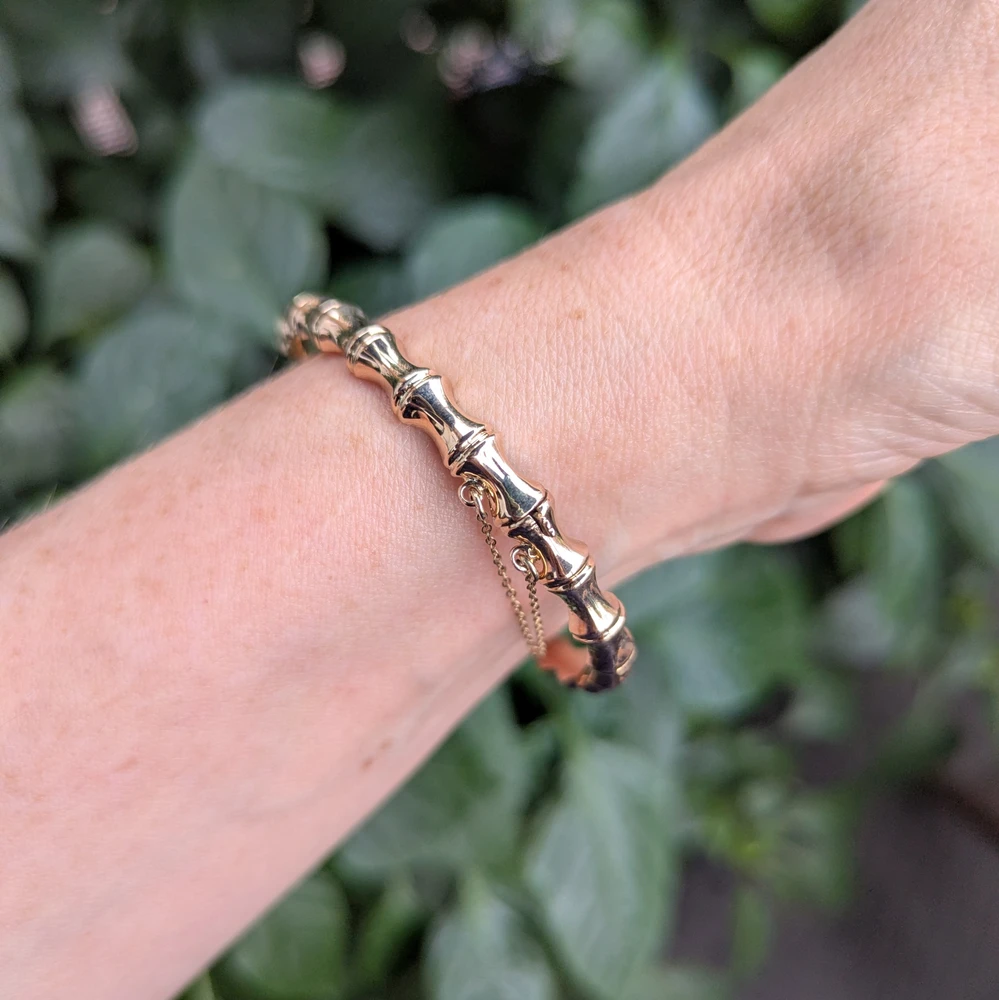 Vintage 9 Carat Yellow Gold Bamboo Bangle Bracelet, Mid Century.
