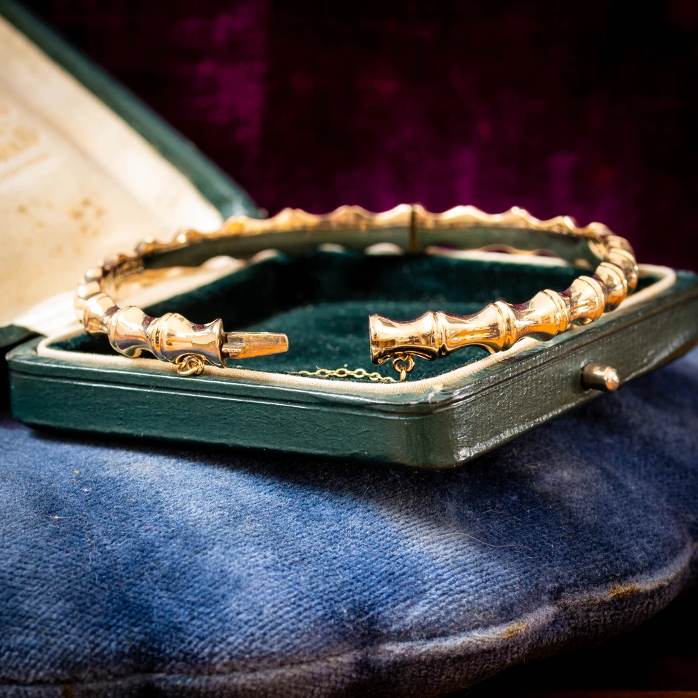 Vintage 9 Carat Yellow Gold Bamboo Bangle Bracelet, Mid Century.