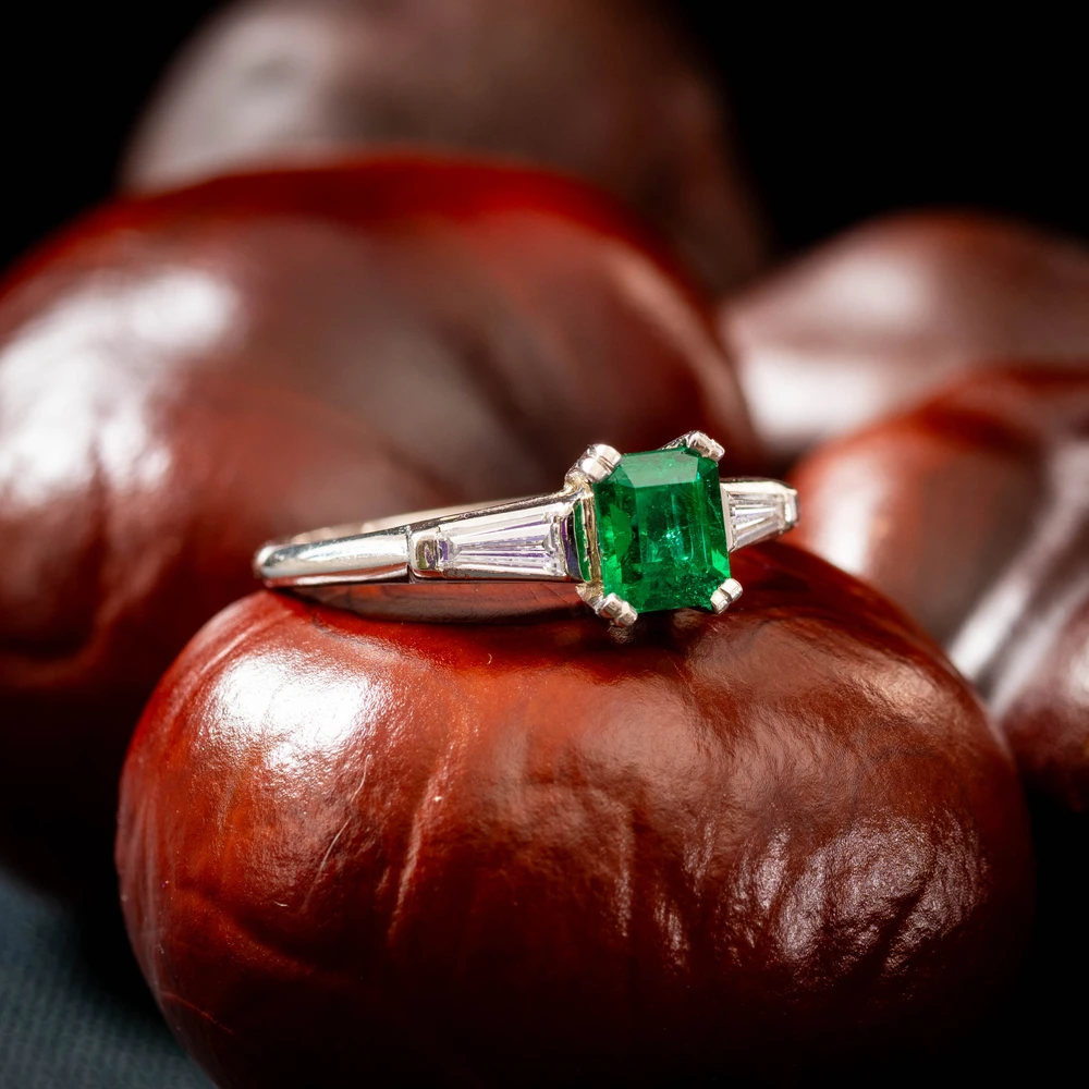 Vintage Platinum Set Emerald & Diamond Engagement Ring, Circa 1950s.