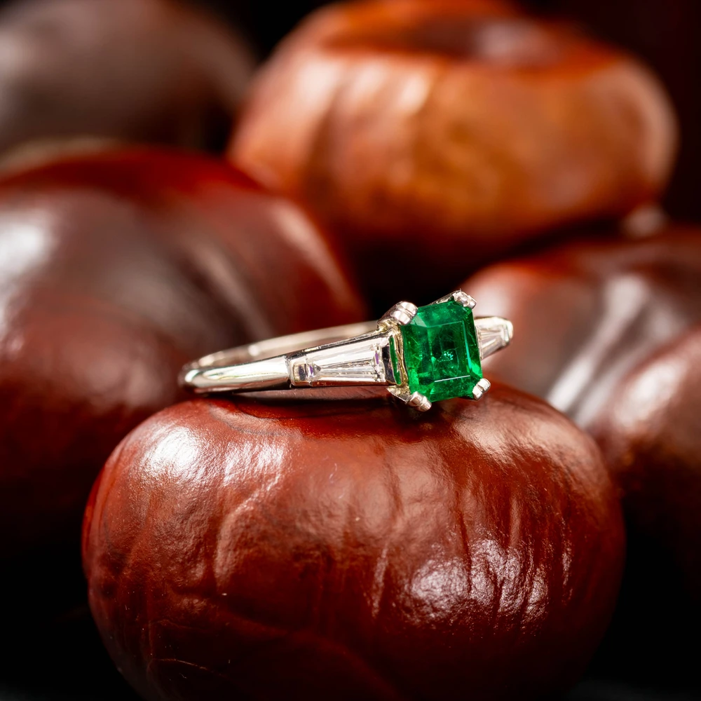 Vintage Platinum Set Emerald & Diamond Engagement Ring, Circa 1950s.