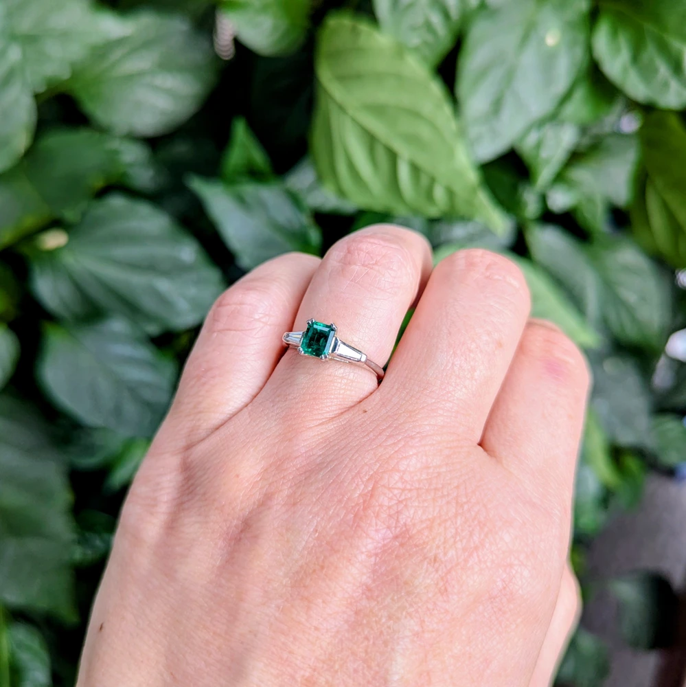 Vintage Platinum Set Emerald & Diamond Engagement Ring, Circa 1950s.