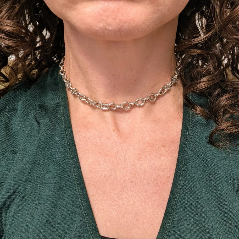 Antique Art Deco Sterling Silver Anchor Link Chain Necklace, 36.5 cm / 14.33 inches.
