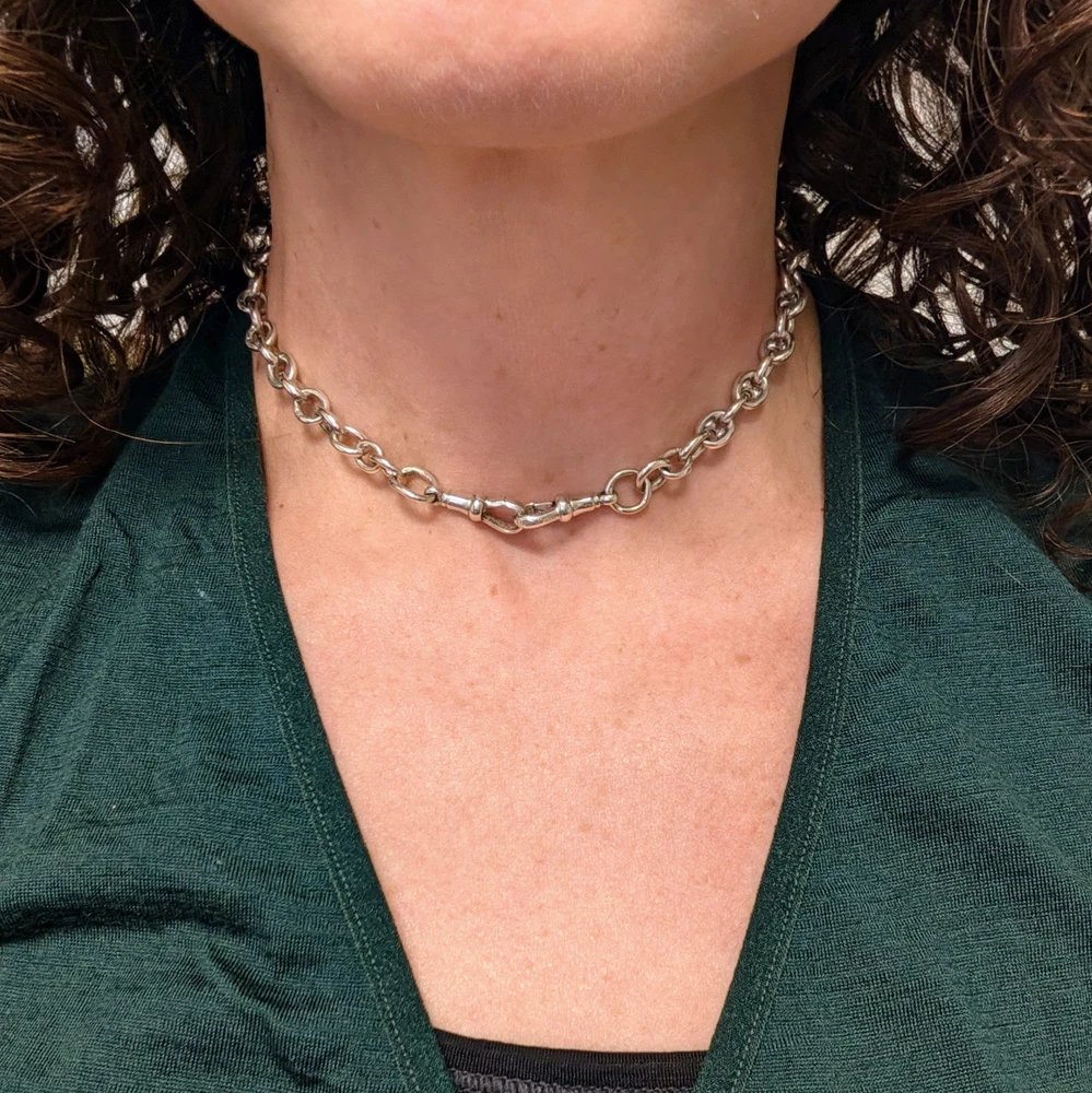 Antique Art Deco Sterling Silver Anchor Link Chain Necklace, 36.5 cm / 14.33 inches.