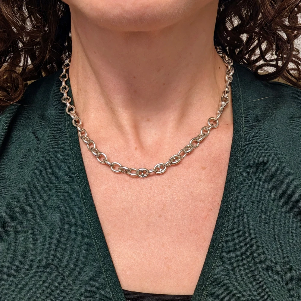 Antique Art Deco Sterling Silver Anchor Link Chain Necklace, 36.5 cm / 14.33 inches.