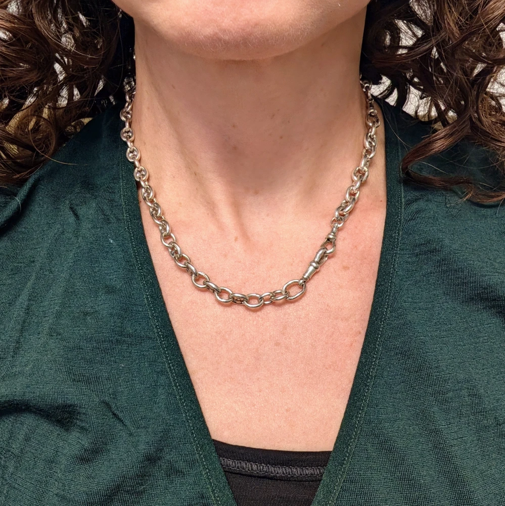 Antique Art Deco Sterling Silver Anchor Link Chain Necklace, 36.5 cm / 14.33 inches.