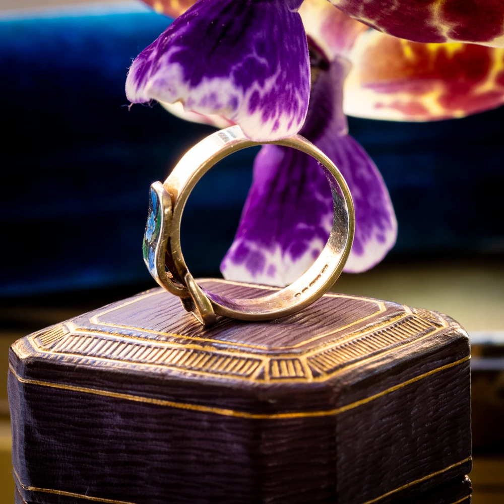 Vintage 9ct Gold Buckle Ring with Enamel Morning Glory Flowers, 1970s.