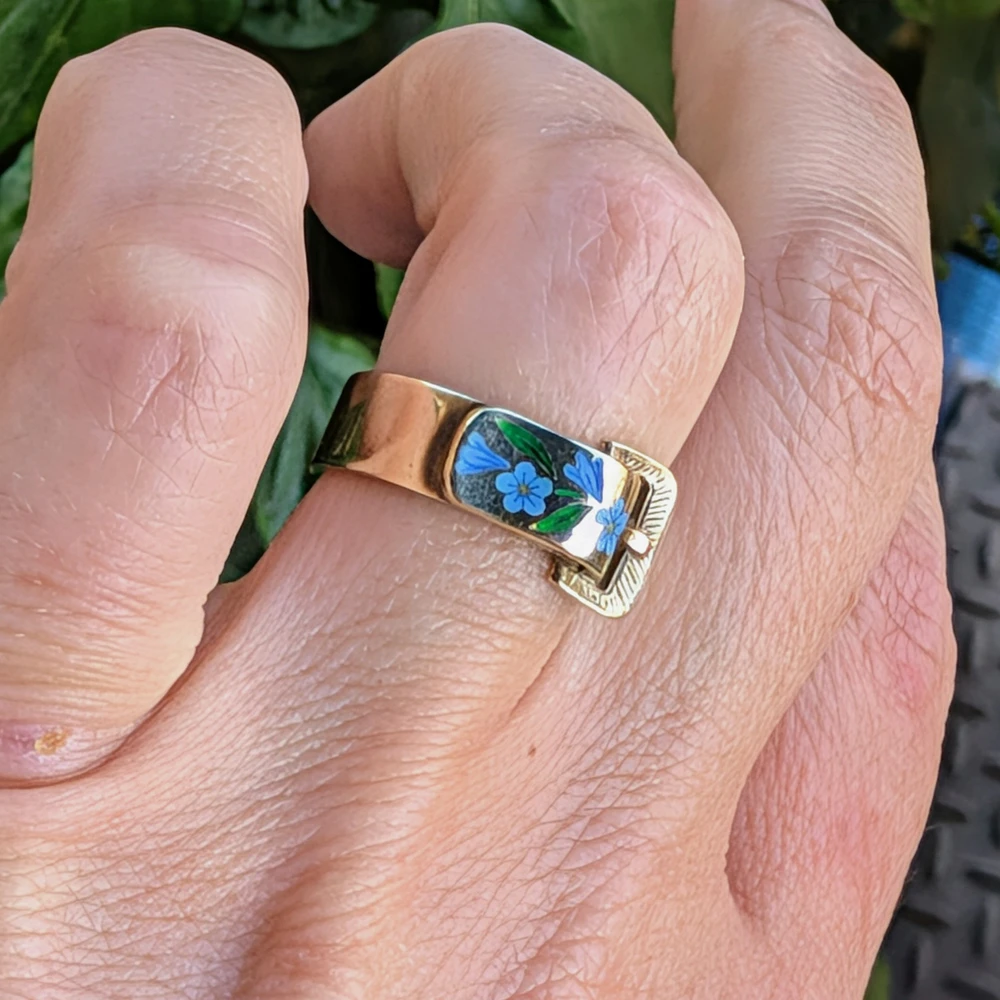 Vintage 9ct Gold Buckle Ring with Enamel Morning Glory Flowers, 1970s.