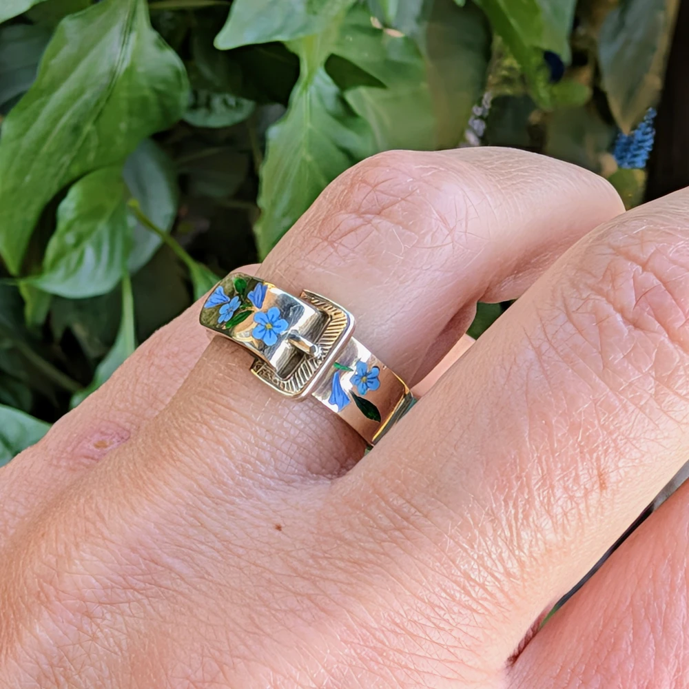 Vintage 9ct Gold Buckle Ring with Enamel Morning Glory Flowers, 1970s.