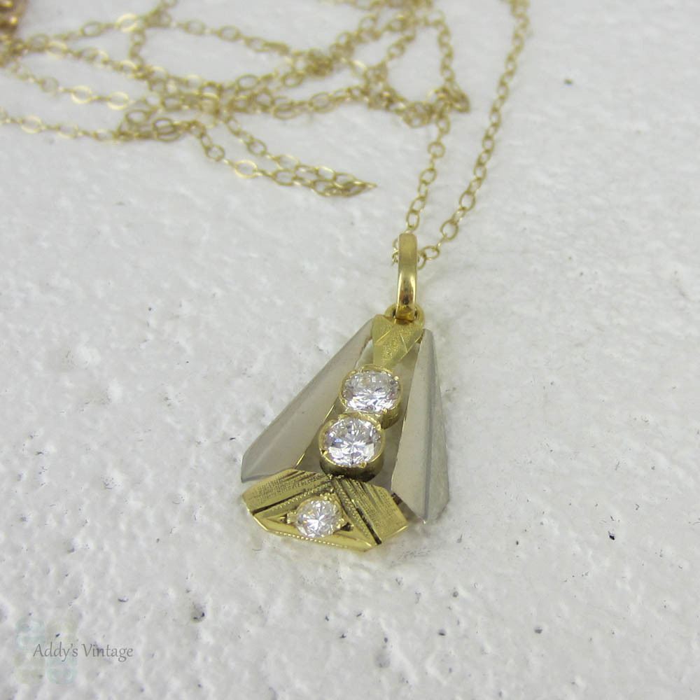Art Deco Diamond Pendant. French Bold Geometric 1930s Two Tone Yellow & White Gold Pendant set with 3 Diamonds.