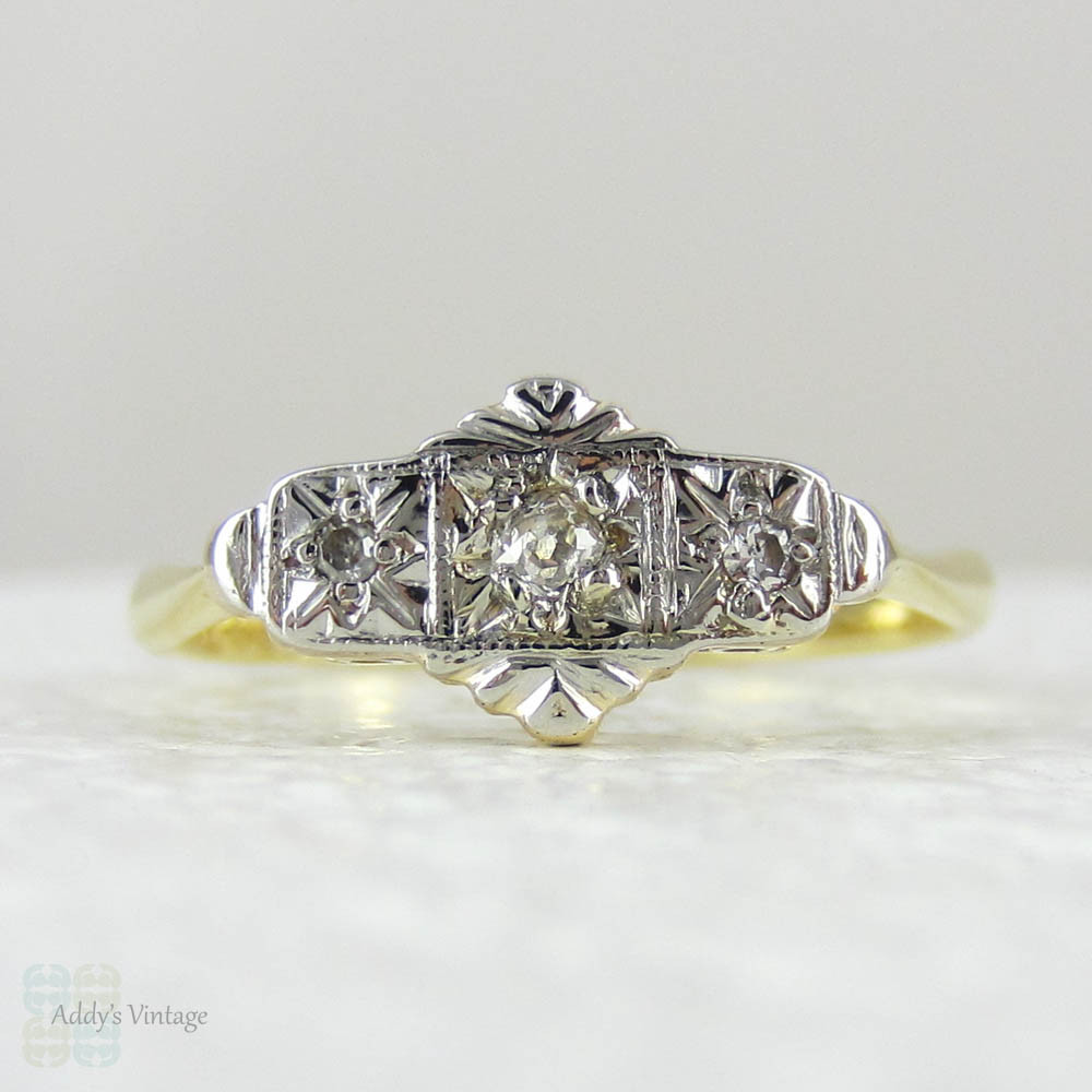 Art Deco Diamond Engagement Ring, Trilogy Diamond Ring in Engraved Platinum Setting, Circa 1920s - 1930s.