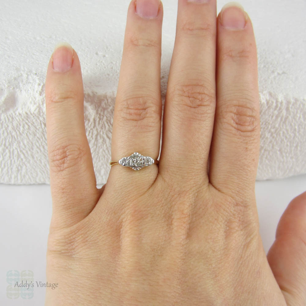 Art Deco Diamond Engagement Ring, Trilogy Diamond Ring in Engraved Platinum Setting, Circa 1920s - 1930s.