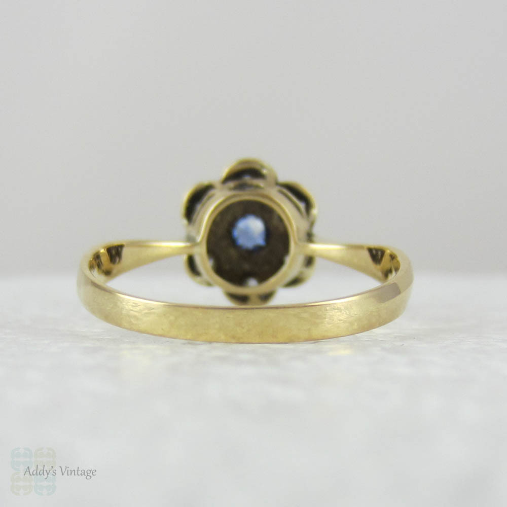 Sapphire & Diamond Engagement Ring, Vintage Daisy Shaped Diamond Cluster Ring with Milgrain Star Pattern, Circa 1920s.