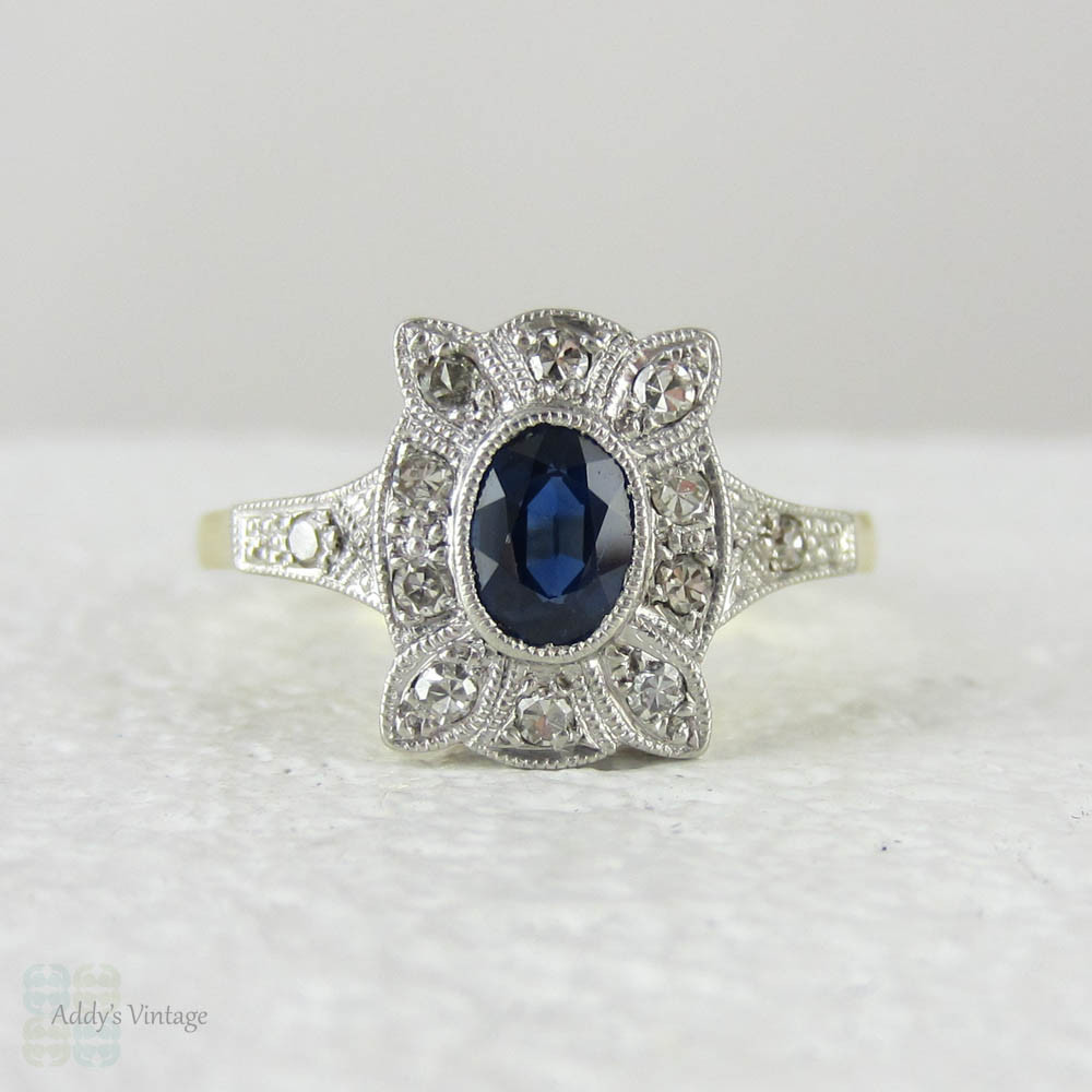 Antique Sapphire Engagement Ring, Oval Cut Blue Sapphire Framed in a
