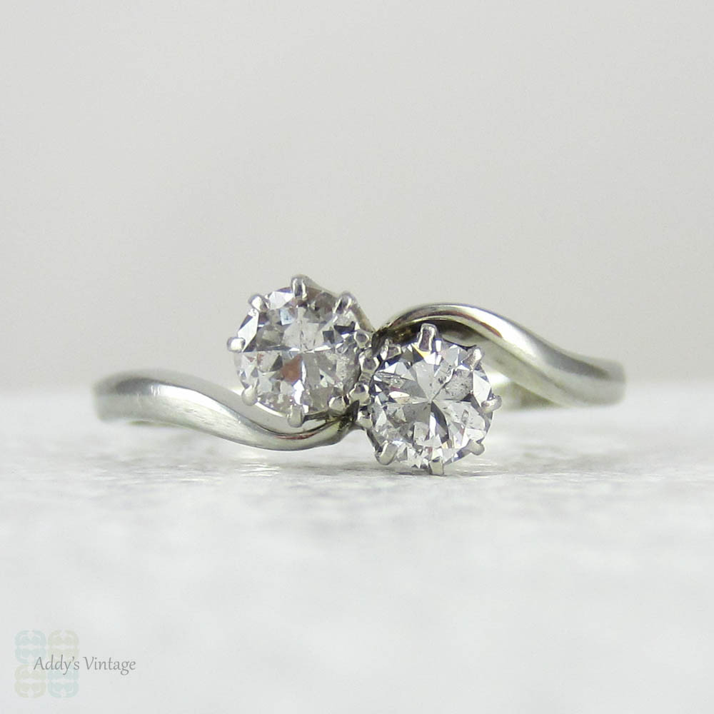 RESIZING - Art Deco Diamond Engagement Ring. Two Stone Toi et Moi, Bypass Style Diamond Ring in 18 Carat White Gold, Circa 1930s.