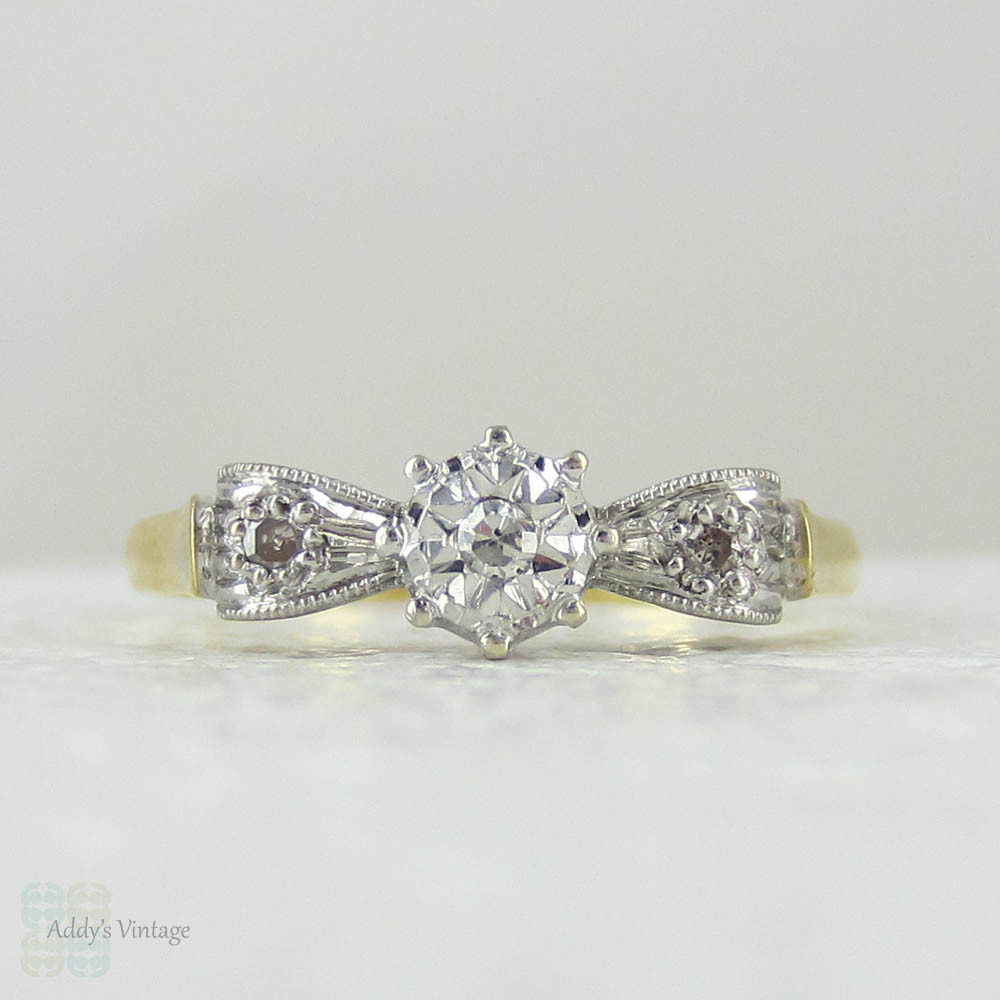 Art Deco Bow Shaped Engagement Ring, Unique Three Stone Diamond Ring with Engraved Design, Circa 1930s.
