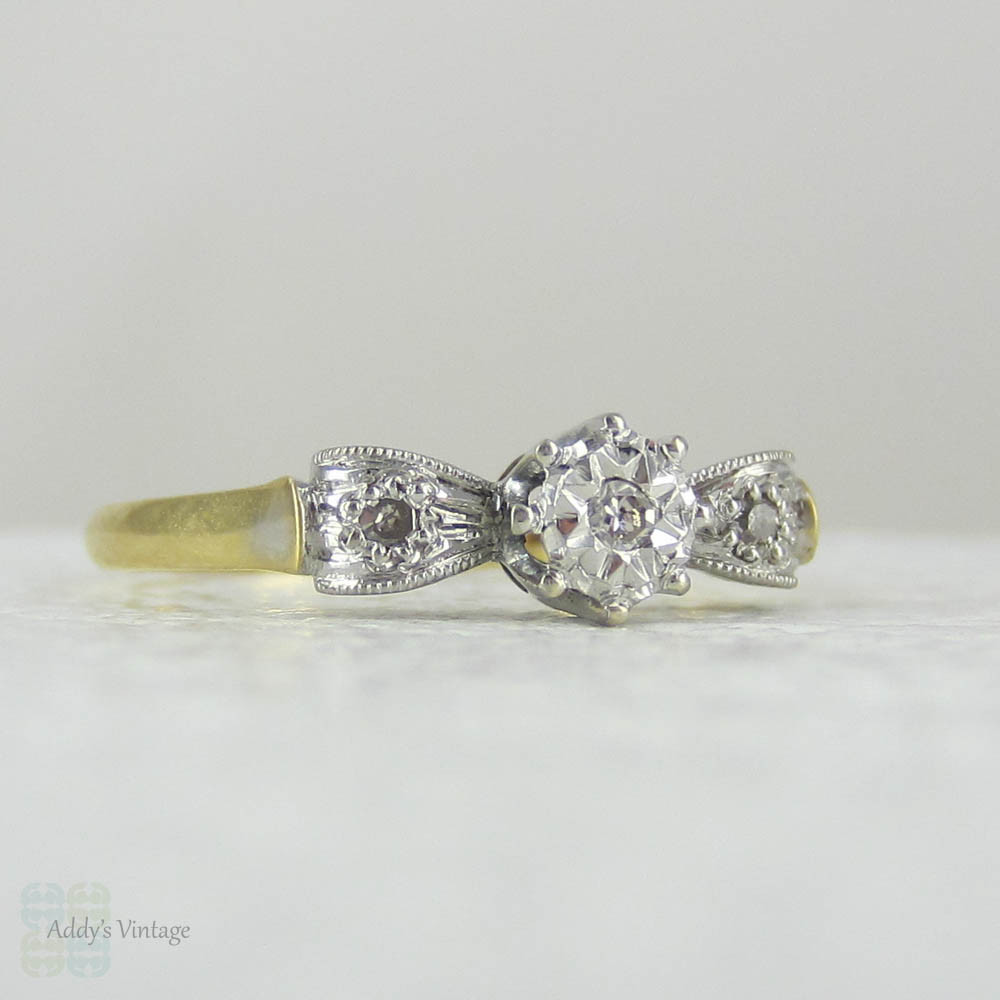 Art Deco Bow Shaped Engagement Ring, Unique Three Stone Diamond Ring with Engraved Design, Circa 1930s.