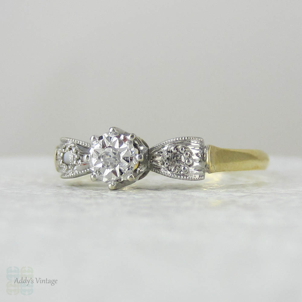 Art Deco Bow Shaped Engagement Ring, Unique Three Stone Diamond Ring with Engraved Design, Circa 1930s.