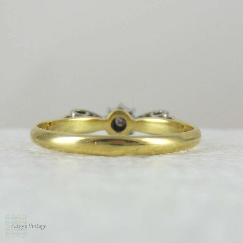 Art Deco Bow Shaped Engagement Ring, Unique Three Stone Diamond Ring with Engraved Design, Circa 1930s.