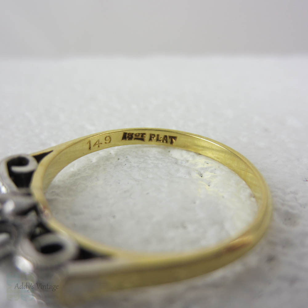 Art Deco Bow Shaped Engagement Ring, Unique Three Stone Diamond Ring with Engraved Design, Circa 1930s.