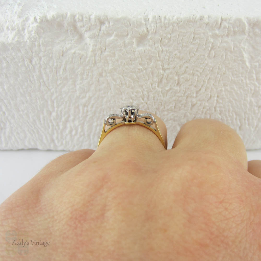 Art Deco Bow Shaped Engagement Ring, Unique Three Stone Diamond Ring with Engraved Design, Circa 1930s.