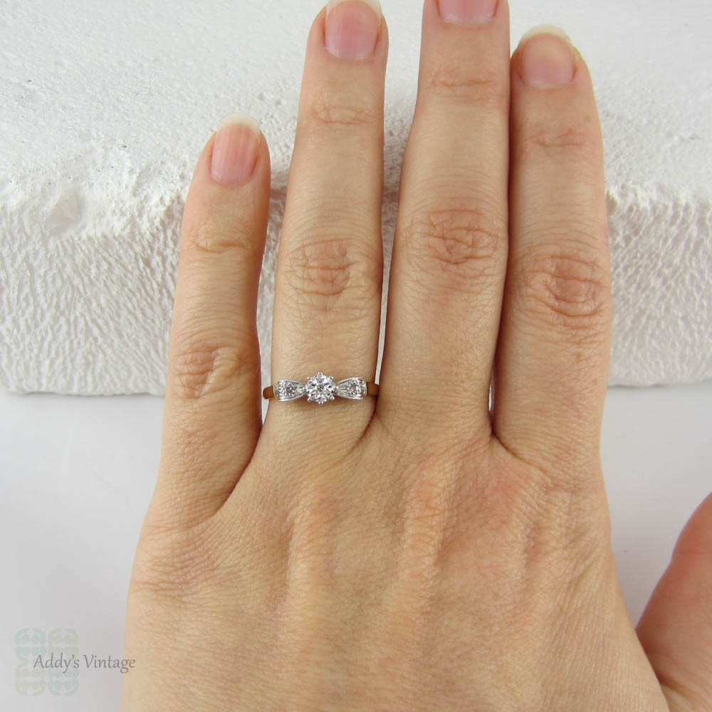 Art Deco Bow Shaped Engagement Ring, Unique Three Stone Diamond Ring with Engraved Design, Circa 1930s.