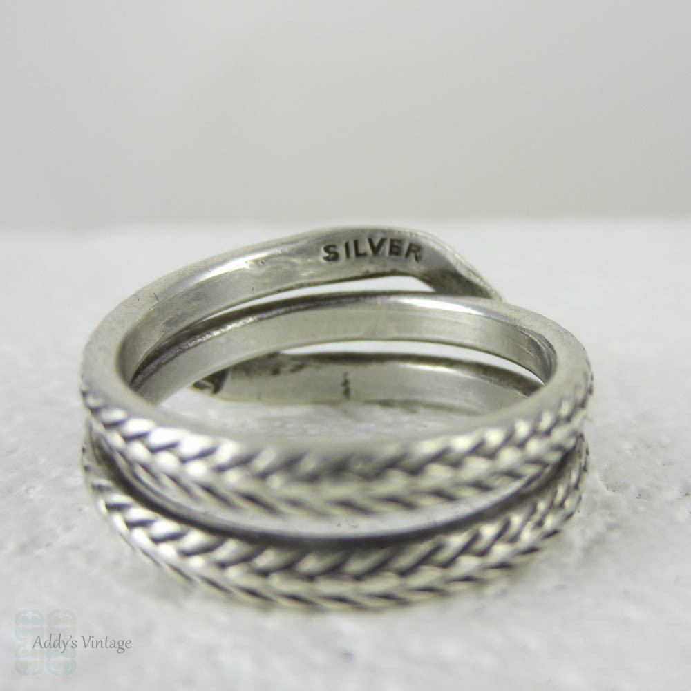 Edwardian Snake Ring, Antique Coiled Sterling Silver Engraved Snake Ring, Circa 1900s.