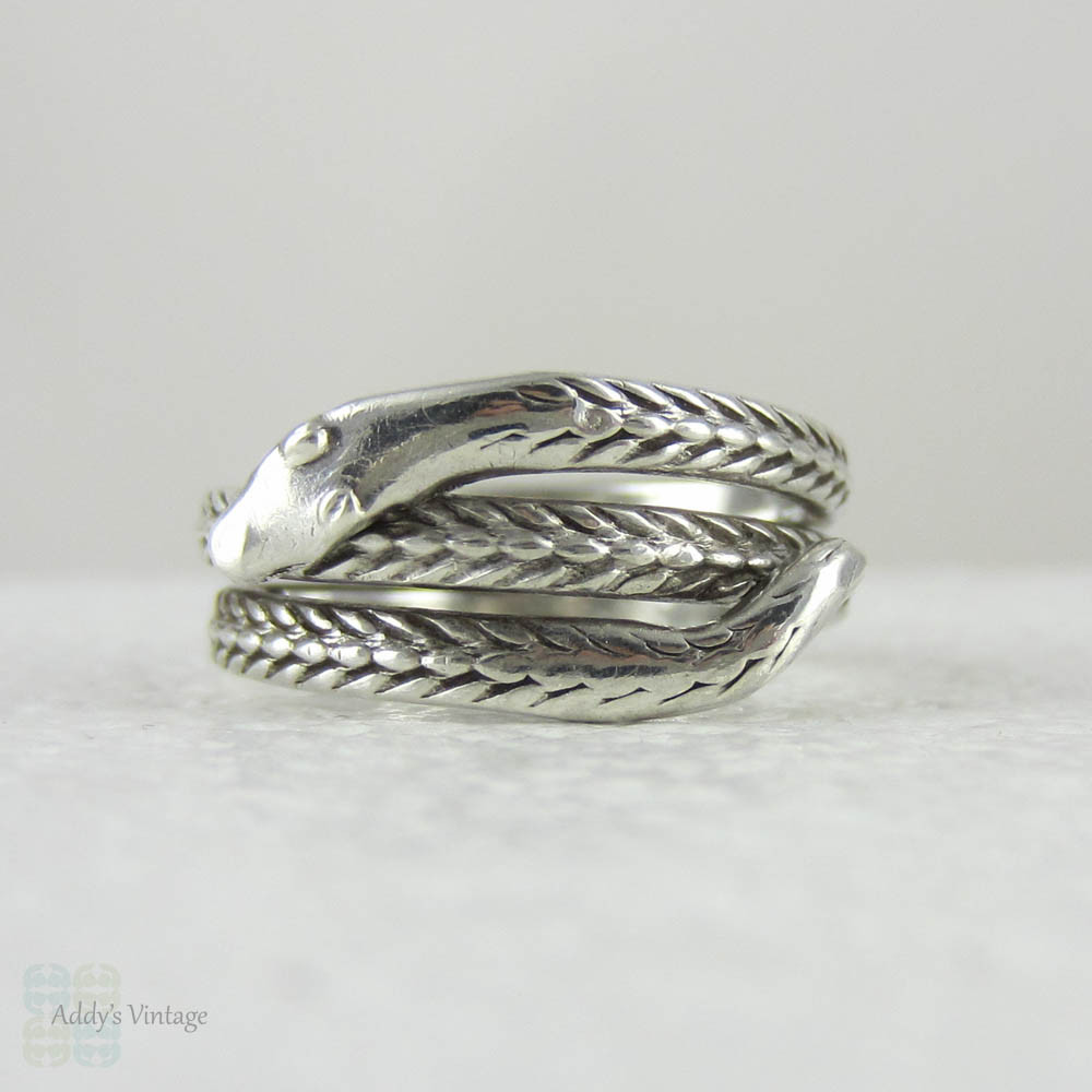 Edwardian Snake Ring, Antique Coiled Sterling Silver Engraved Snake Ring, Circa 1900s.
