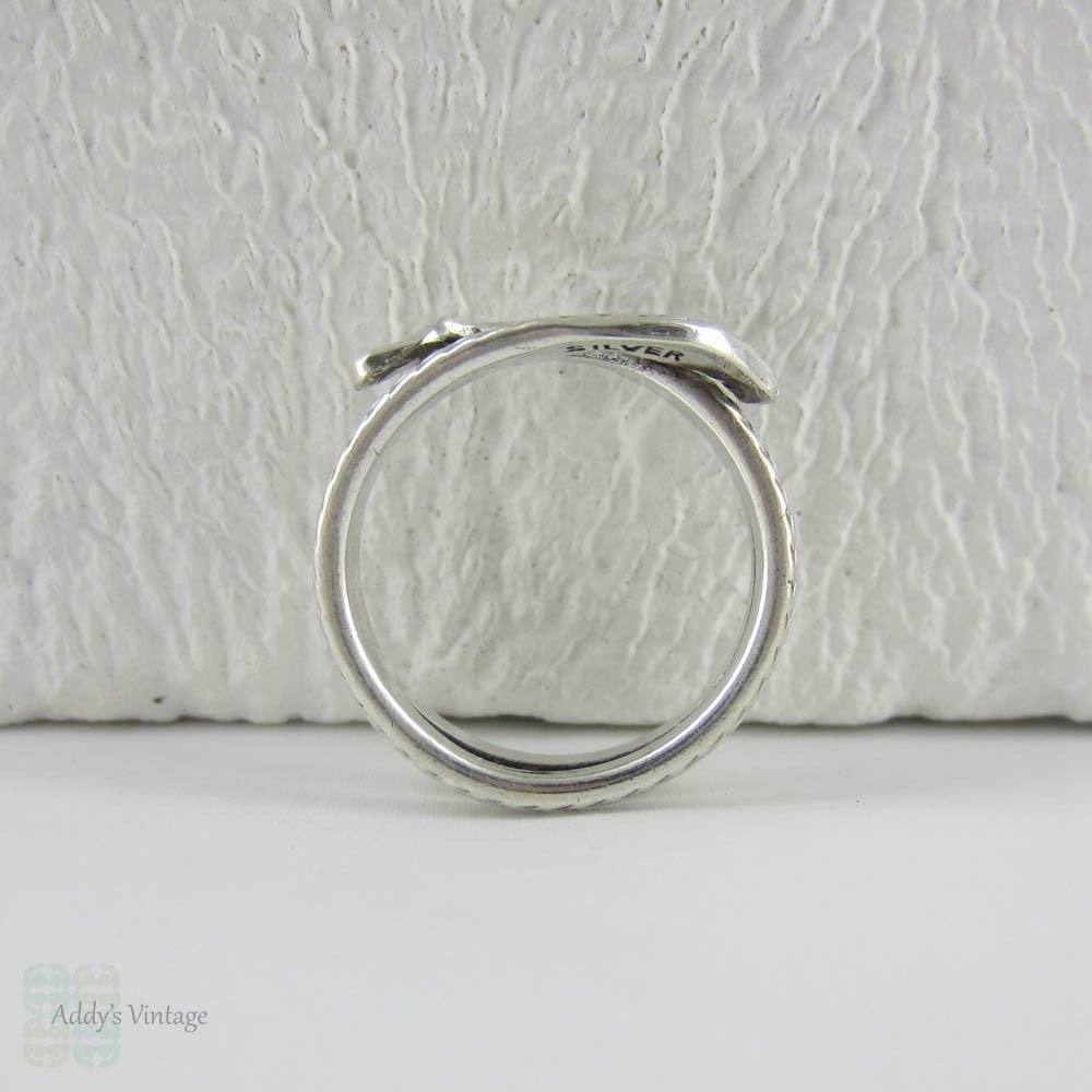 Edwardian Snake Ring, Antique Coiled Sterling Silver Engraved Snake Ring, Circa 1900s.