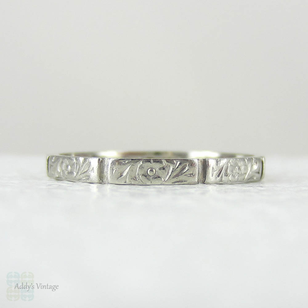 Vintage Wedding Ring, Art Deco Platinum Engraved Floral Pattern Wedding ...