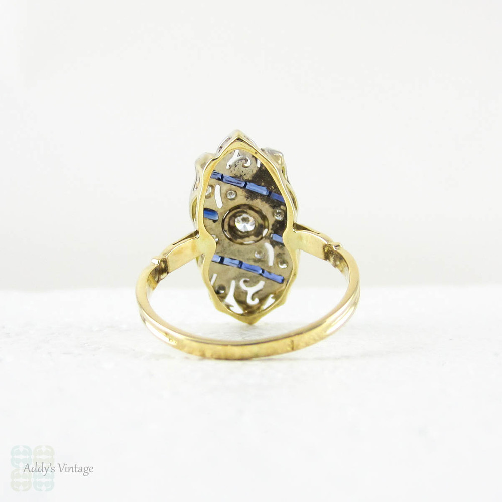 French Art Deco Diamond & Sapphire Dinner Ring. Large Panel Shape Cocktail Ring with Blue Baguette Sapphires & Diamonds, Circa 1920s.