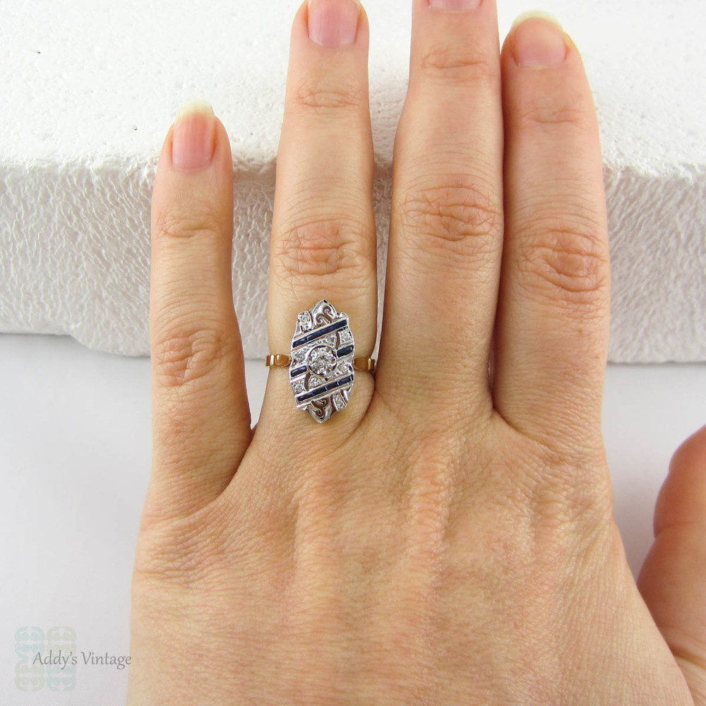 French Art Deco Diamond & Sapphire Dinner Ring. Large Panel Shape Cocktail Ring with Blue Baguette Sapphires & Diamonds, Circa 1920s.