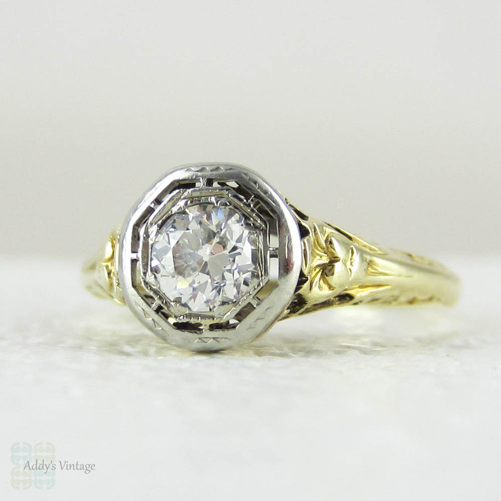 Old European Cut Engagement Ring, Solitaire with Antique Diamond set in Yellow Gold Filigree Pierced Setting.